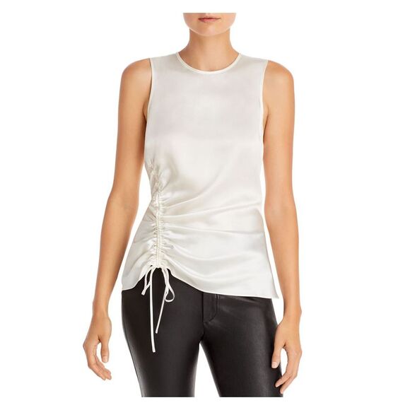 CINQ A SEPT Womens Ivory Ruched Tie Zip-up Back Sleeveless Crew Neck Top M